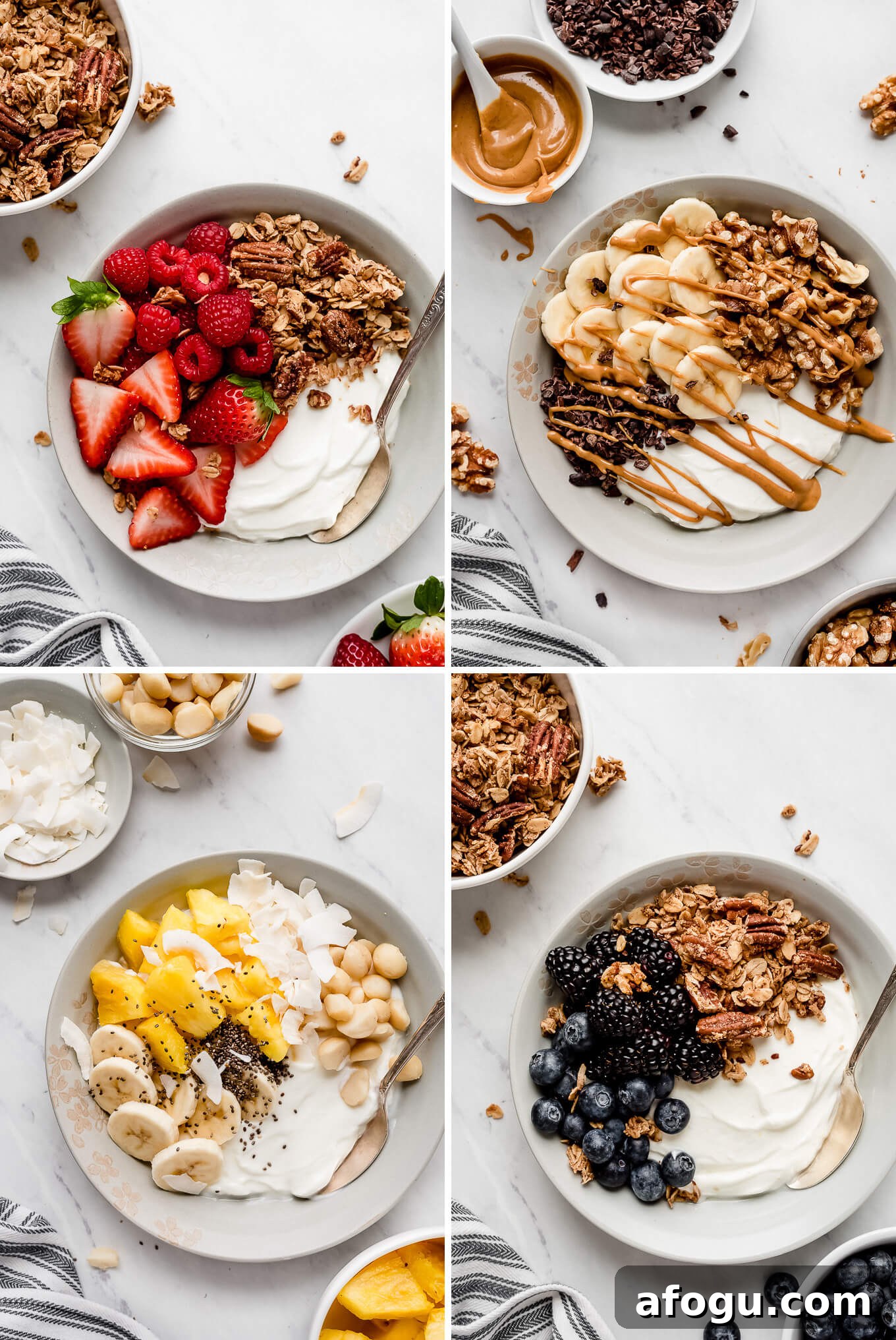 Four yogurt bowls. Four photos of yogurt bowls: Red Berry Yogurt Bowl, Chunky Monkey Yogurt Bowl, Tropical Yogurt Bowl, Black and Blue Yogurt Bowl.