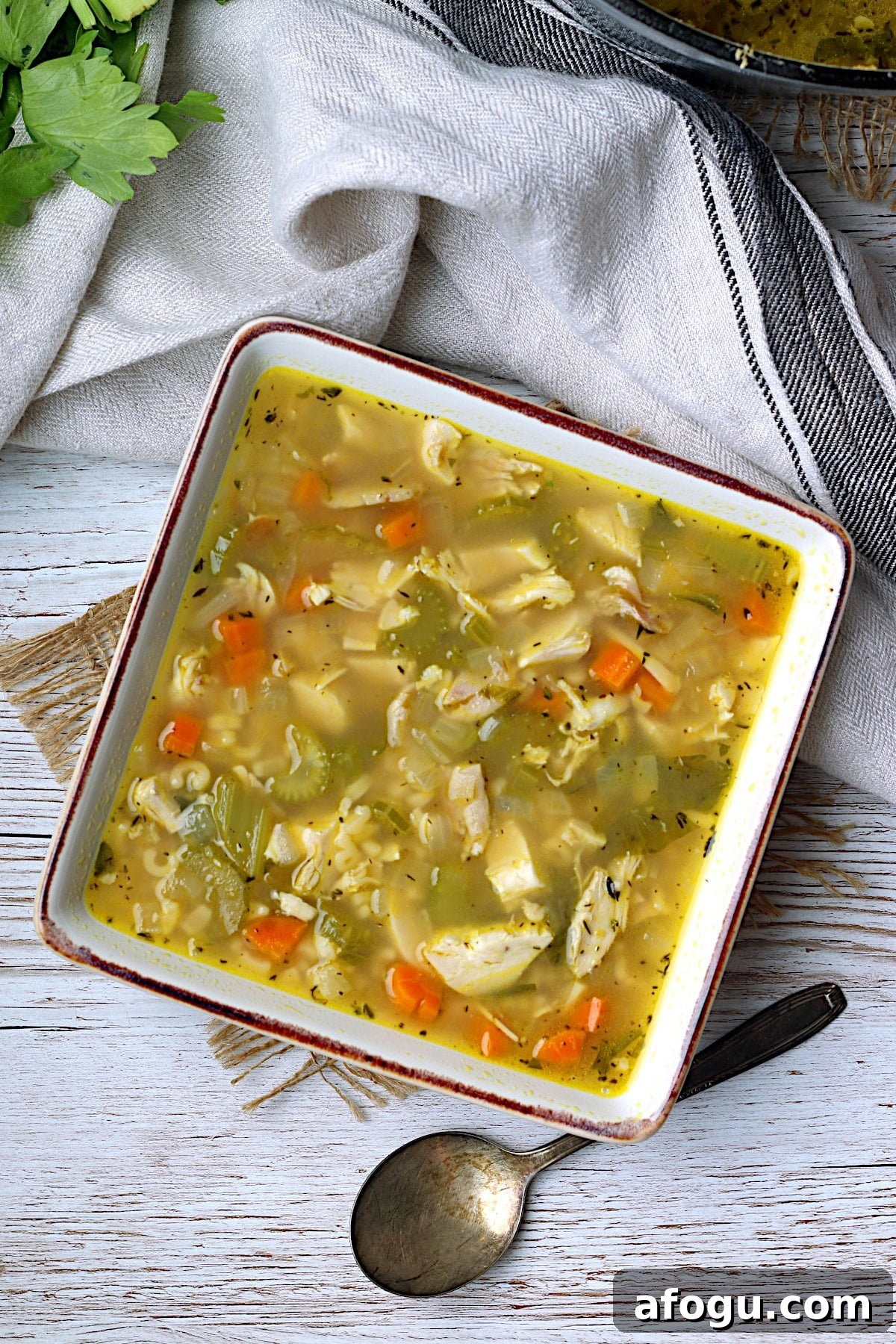 Leftover Rotisserie Chicken Noodle Soup Recipe for Quick Comfort 3 Overhead photo of homemade leftover rotisserie chicken noodle soup.