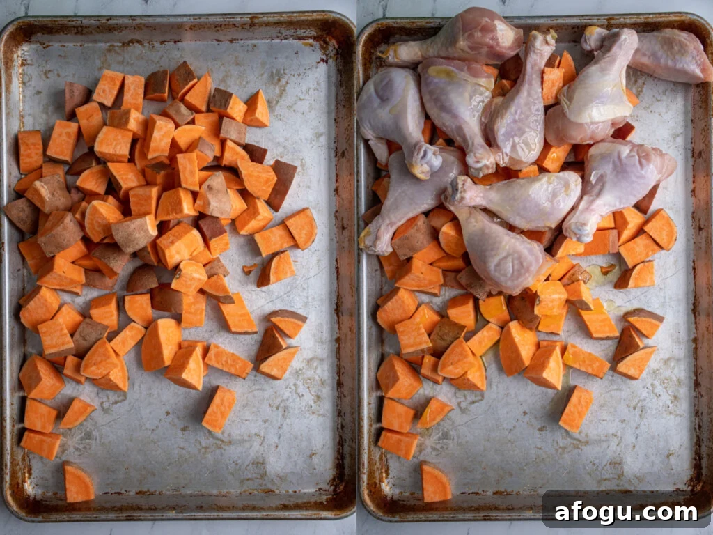 Collage showing diced sweet potatoes and then chicken legs added to a sheet pan.