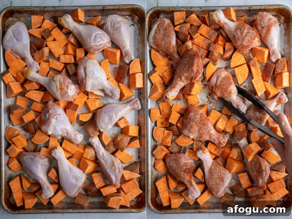 Collage showing a sheet pan with chicken and sweet potatoes and then the seasoning added.
