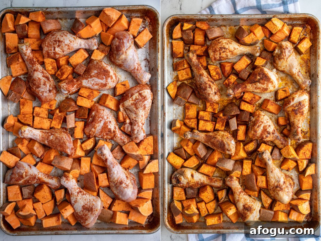 Collage of sheet pan with chicken legs and sweet potatoes before and after it goes into the oven.
