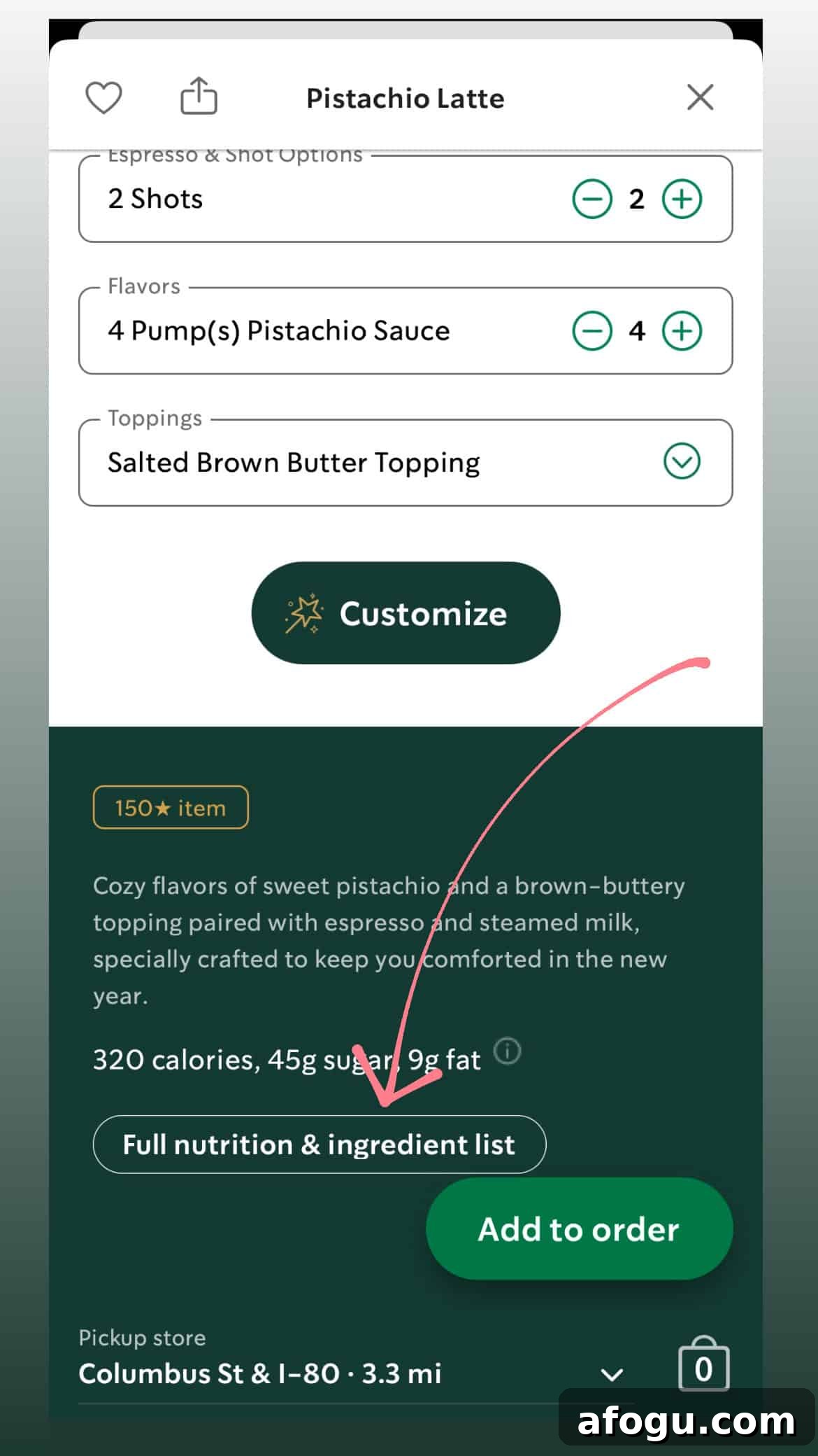 Is Starbucks Gluten-Free? Safe Menu Picks and What to Skip 3 Screenshot of Starbucks app with arrow pointing to ingredients button.