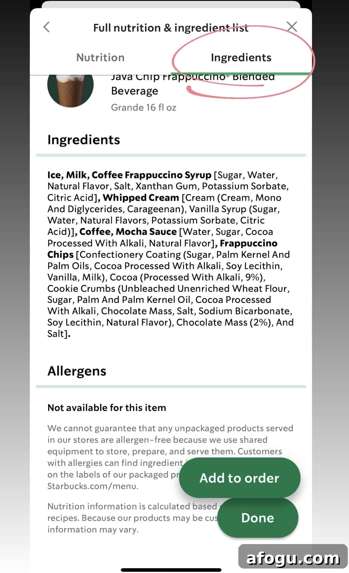 Is Starbucks Gluten-Free? Safe Menu Picks and What to Skip 4 Screenshot of Starbucks app with nutrition tab circled.
