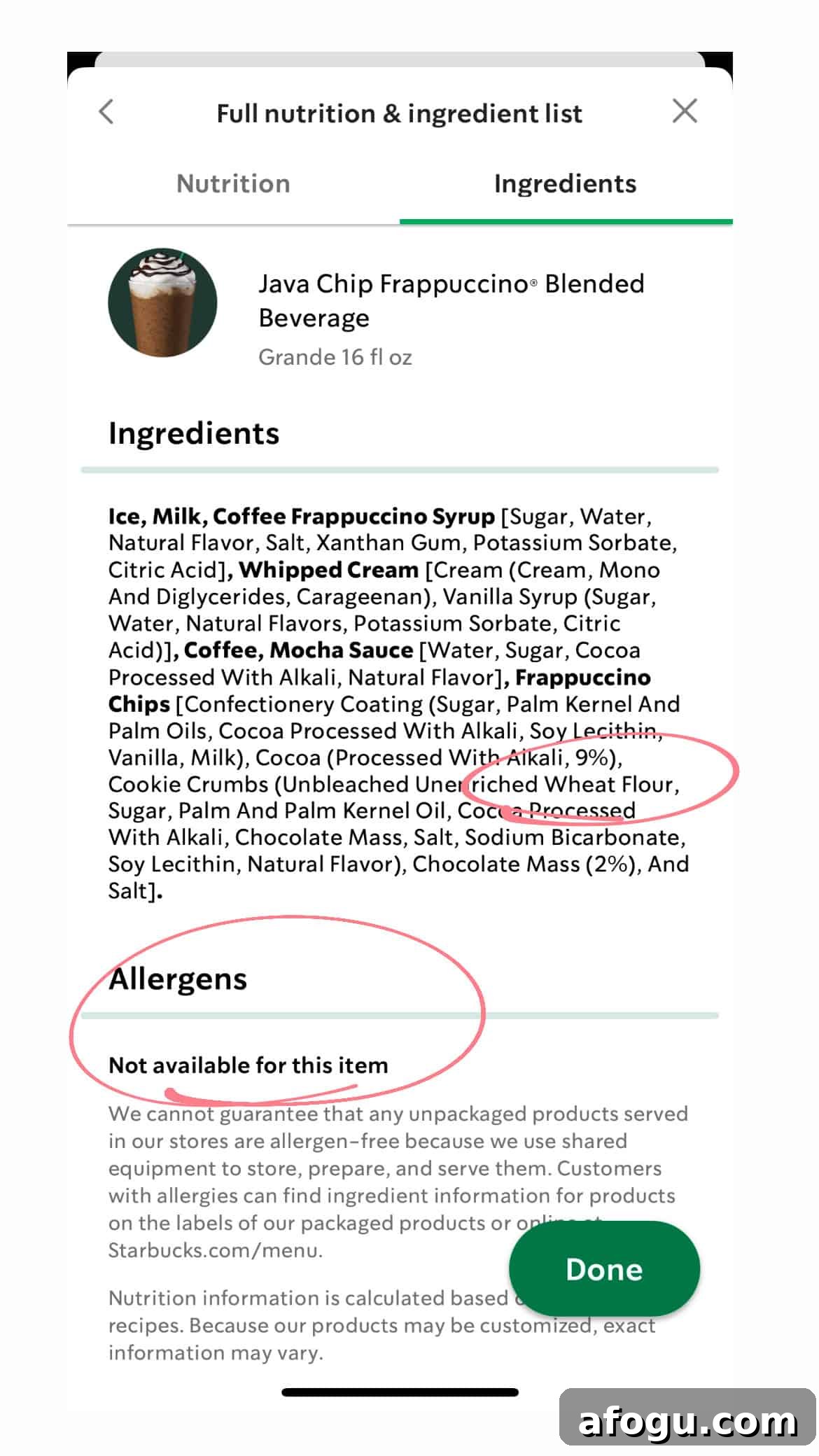 Is Starbucks Gluten-Free? Safe Menu Picks and What to Skip 5 Screenshot of Starbucks App with wheat circled in ingredients list and allergen section without wheat circled.