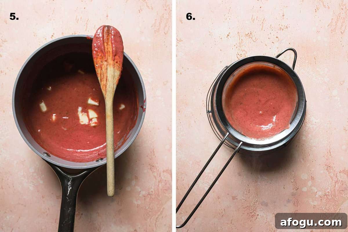 a pan with custard, butter and a wooden spoon on top. A mesh sieve over a bowl and curd in it.