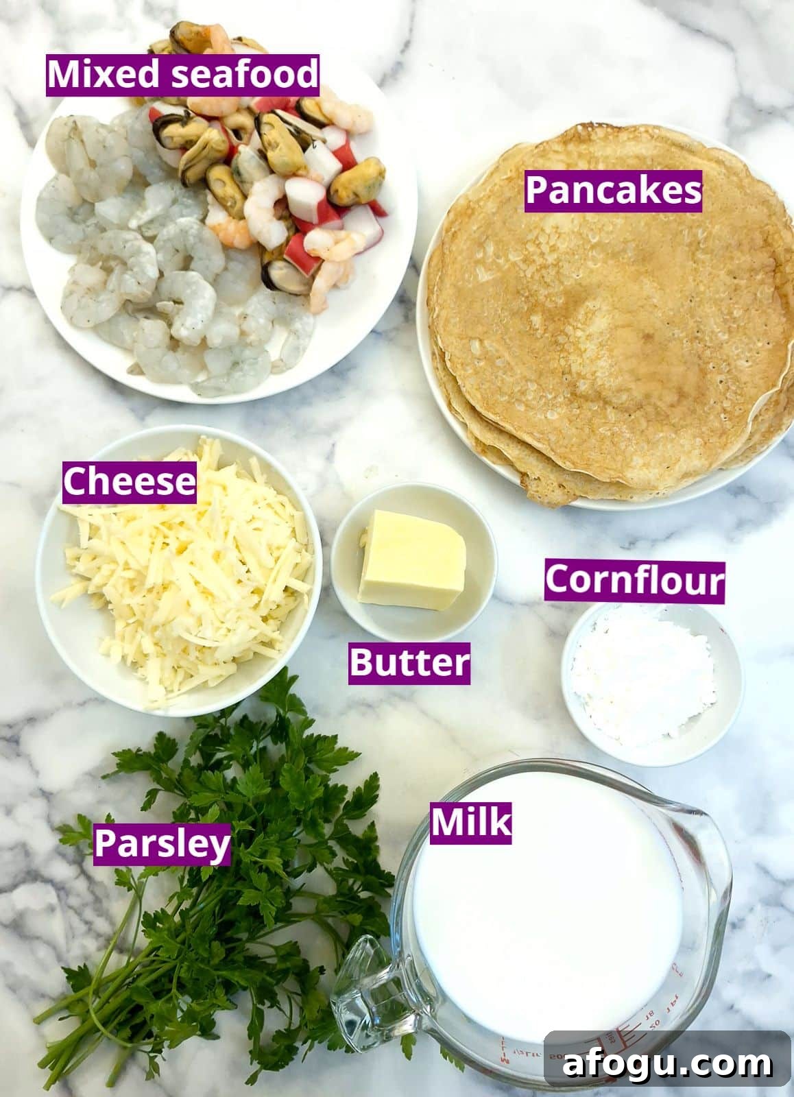 Ingredients for making seafood stuffed pancakes.