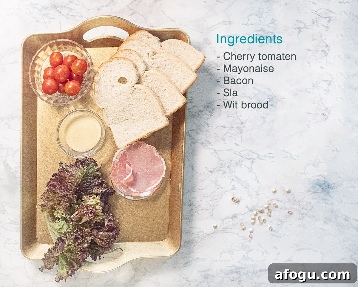 Ingredients BLT Mini Club Sandwich on a golden tray on the left. On the right, a text description of the ingredients.