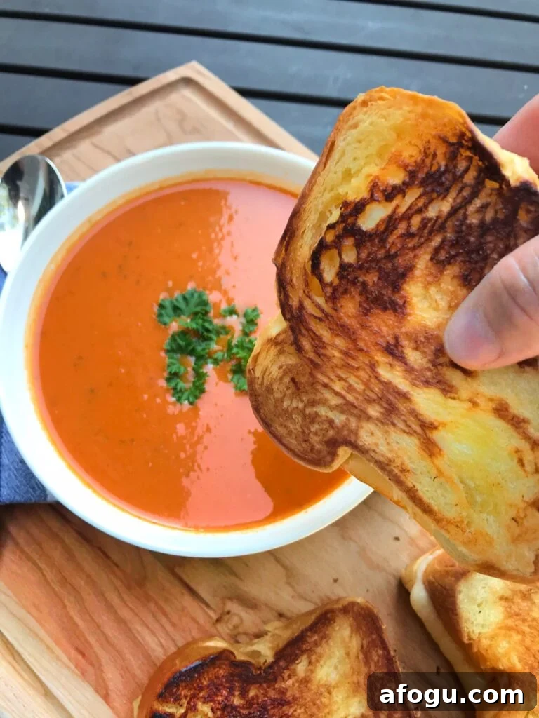 World's Best Tomato Soup with a grilled cheese sandwich about to be dipped in it