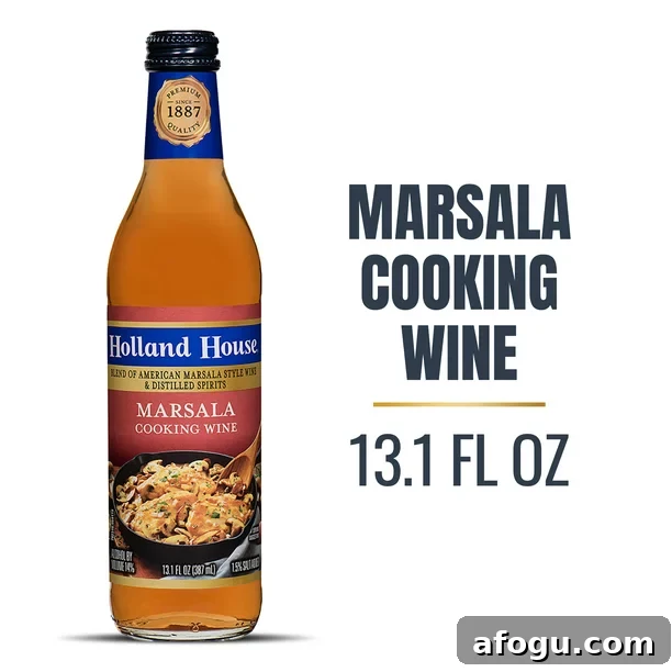 A bottle of marsala cooking wine with the text "Marsala Cooking Wine 13.1 fl oz" next to it.