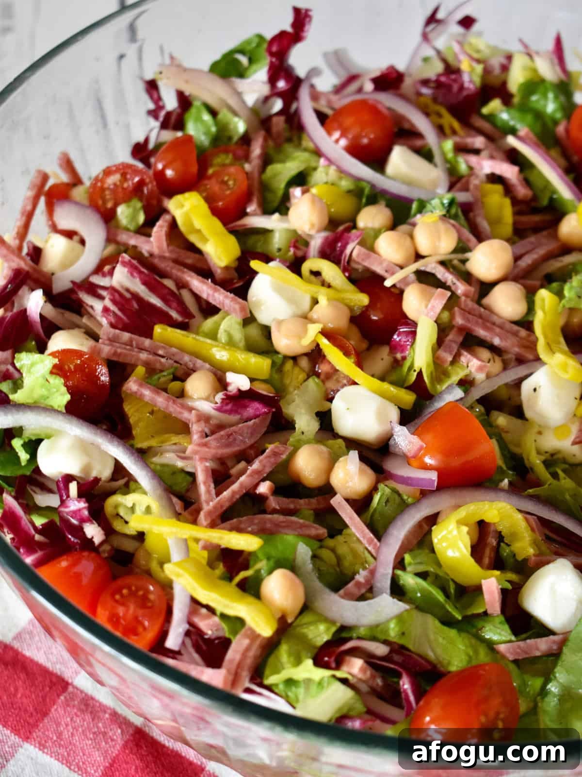 Italian Chopped Salad in a glass bowl. 