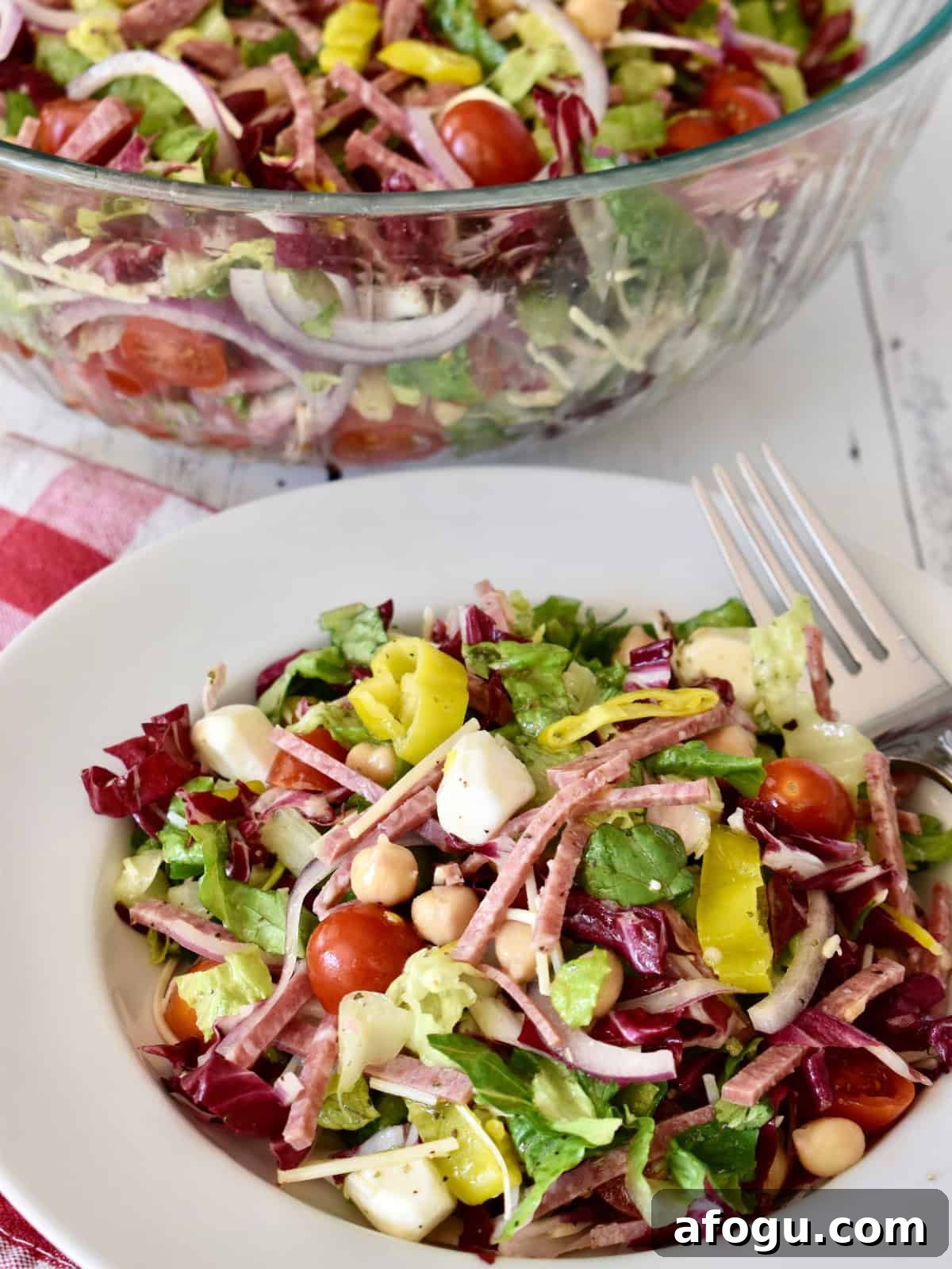Italian Chopped Salad in a white bowl. 