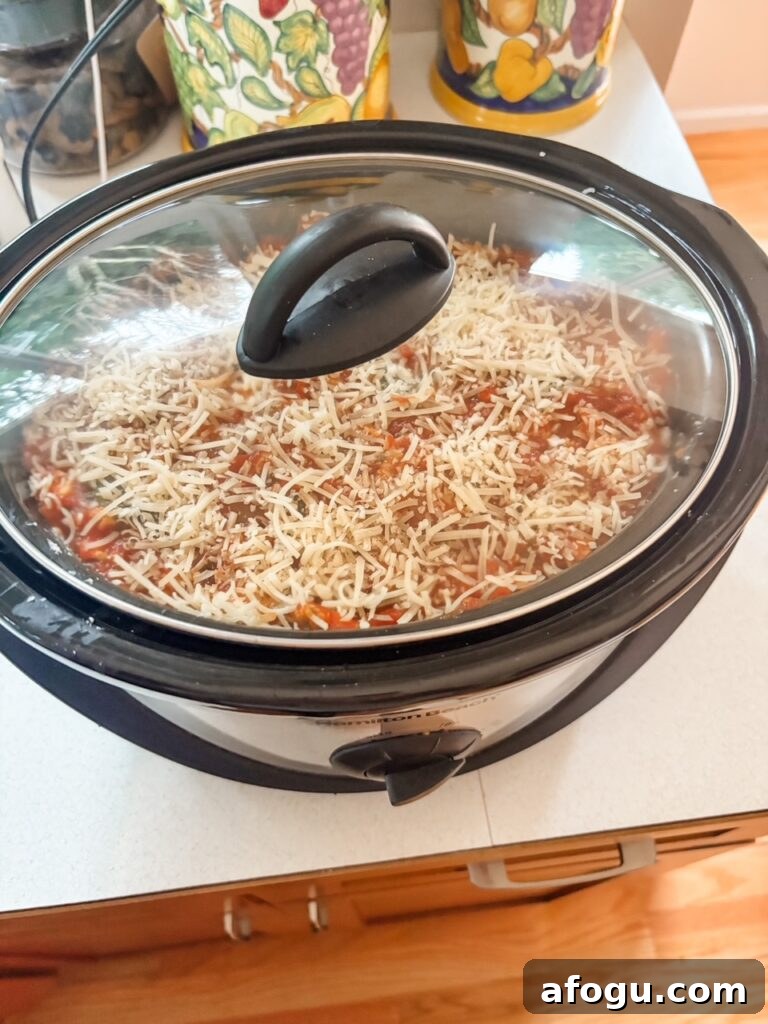 The finished Slow Cooker Lasagna with Chicken and Spinach