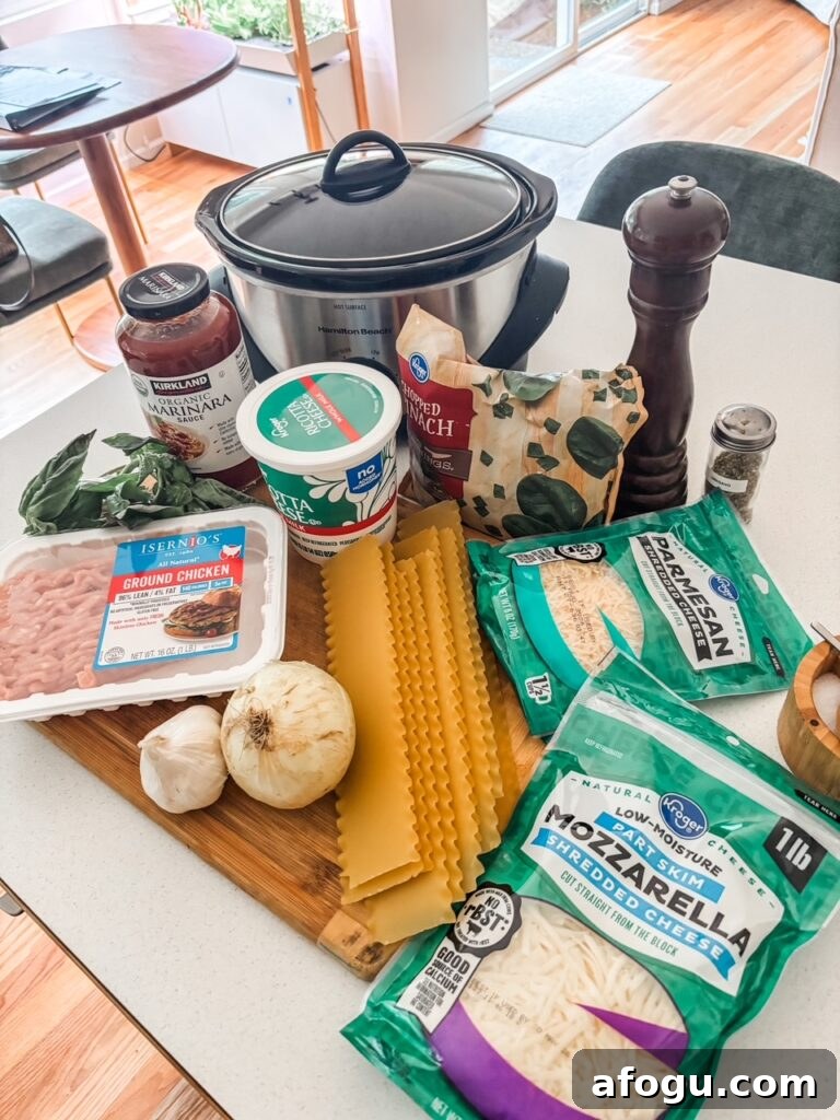 The ingredients for the slow cooker lasagna on a counter