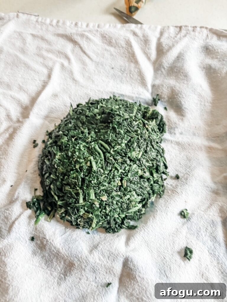 What the frozen spinach should like after being squeezed in a tea towel