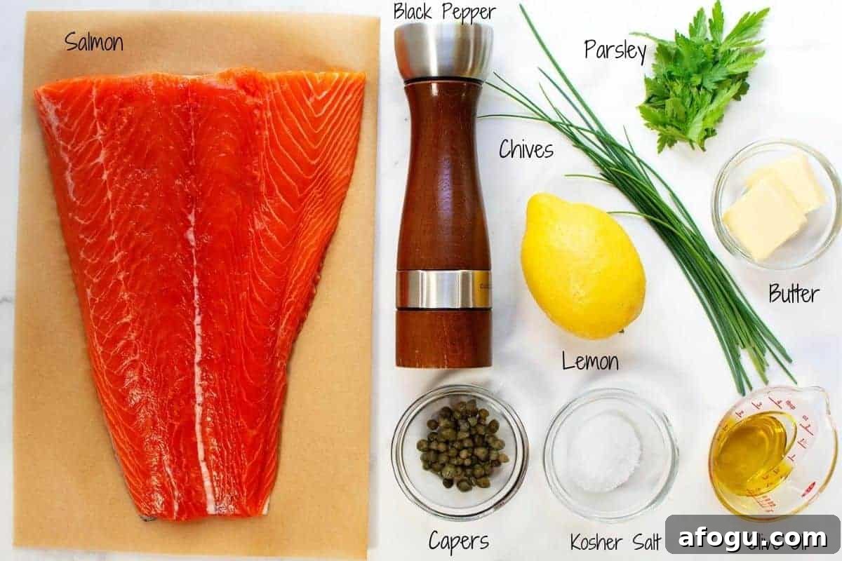 Slow Roasted Salmon Ingredients on a white marble board
