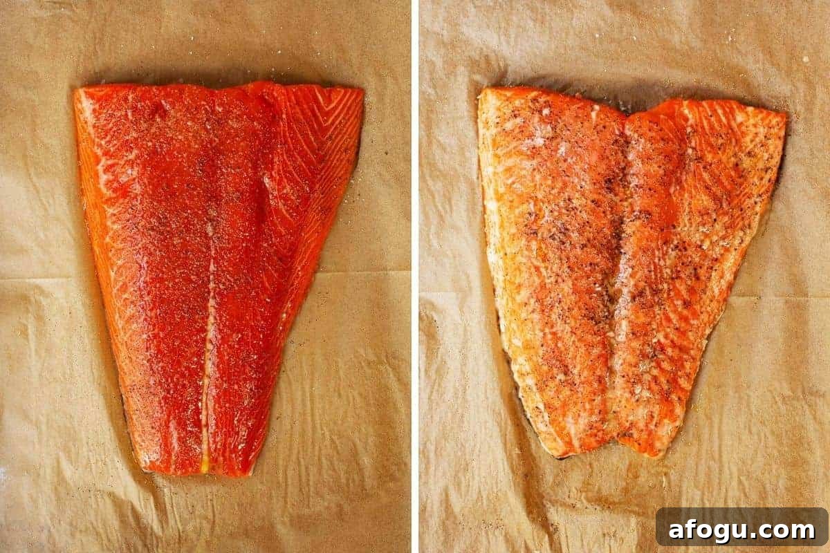 slow roasted salmon before and after baking
