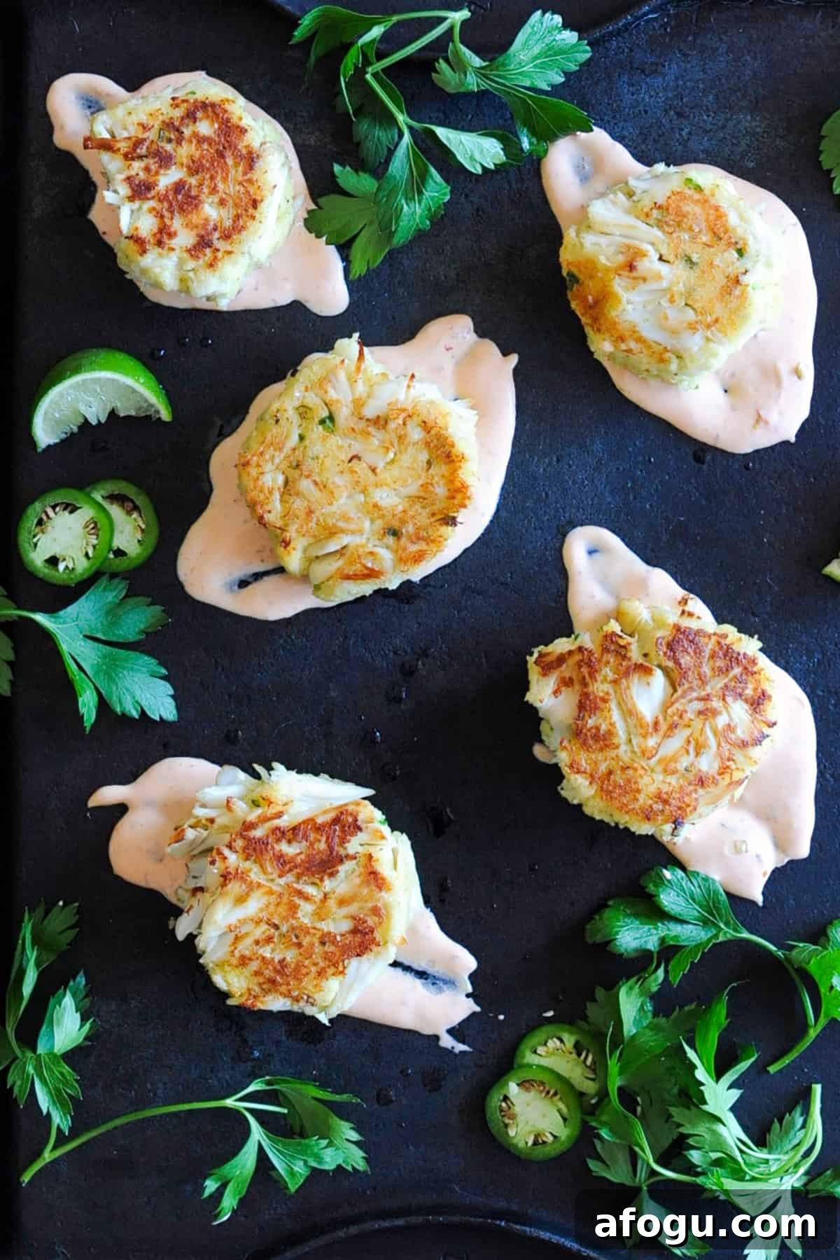 Coconut Lime Crab Cakes on platter. 