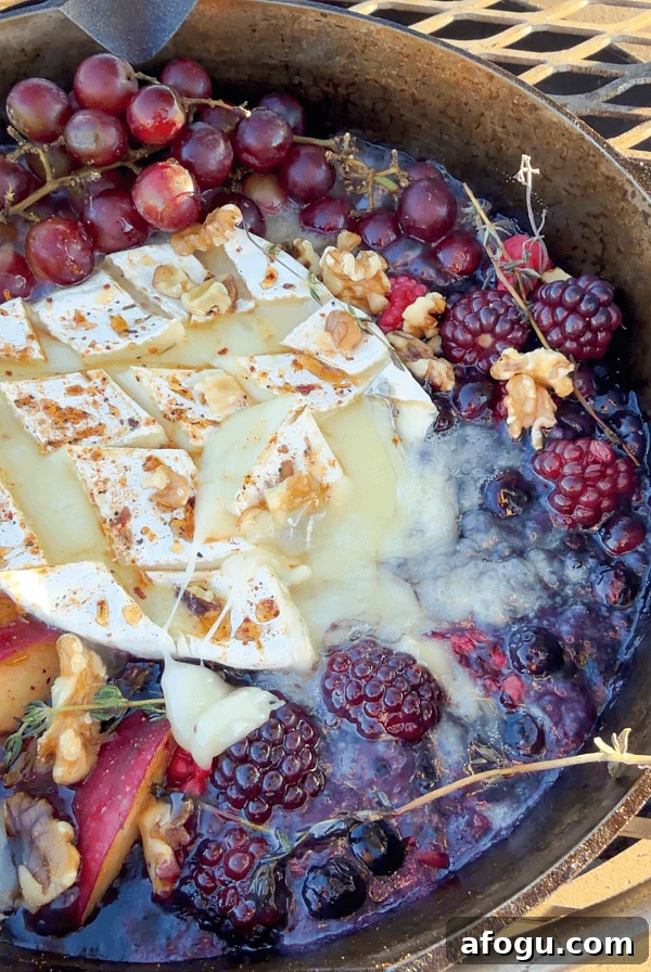 Campfire brie cheese dip with berries.