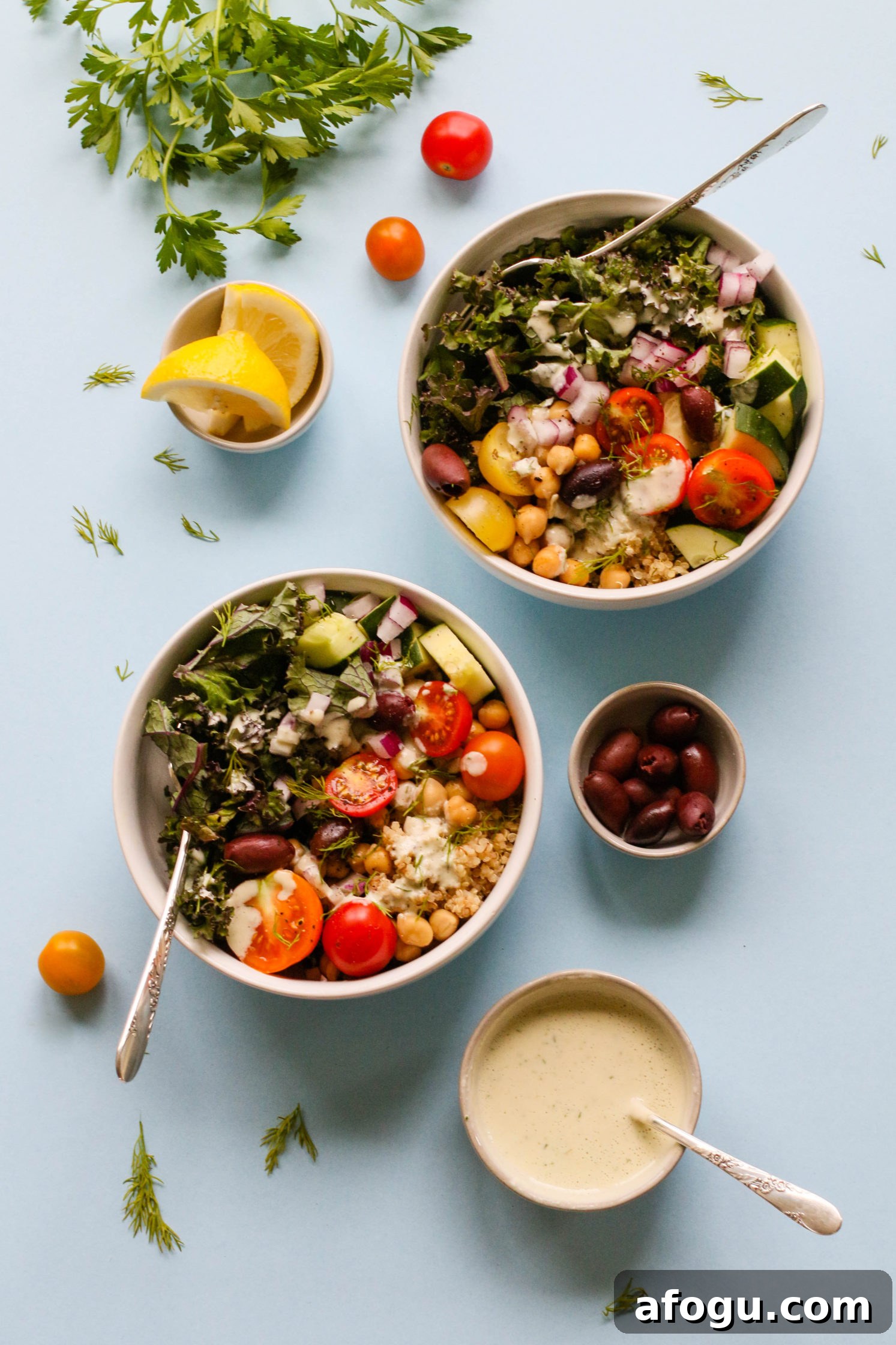 Greek Power Bowls with Cucumber Yogurt Tzatziki Sauce by Flora & Vino