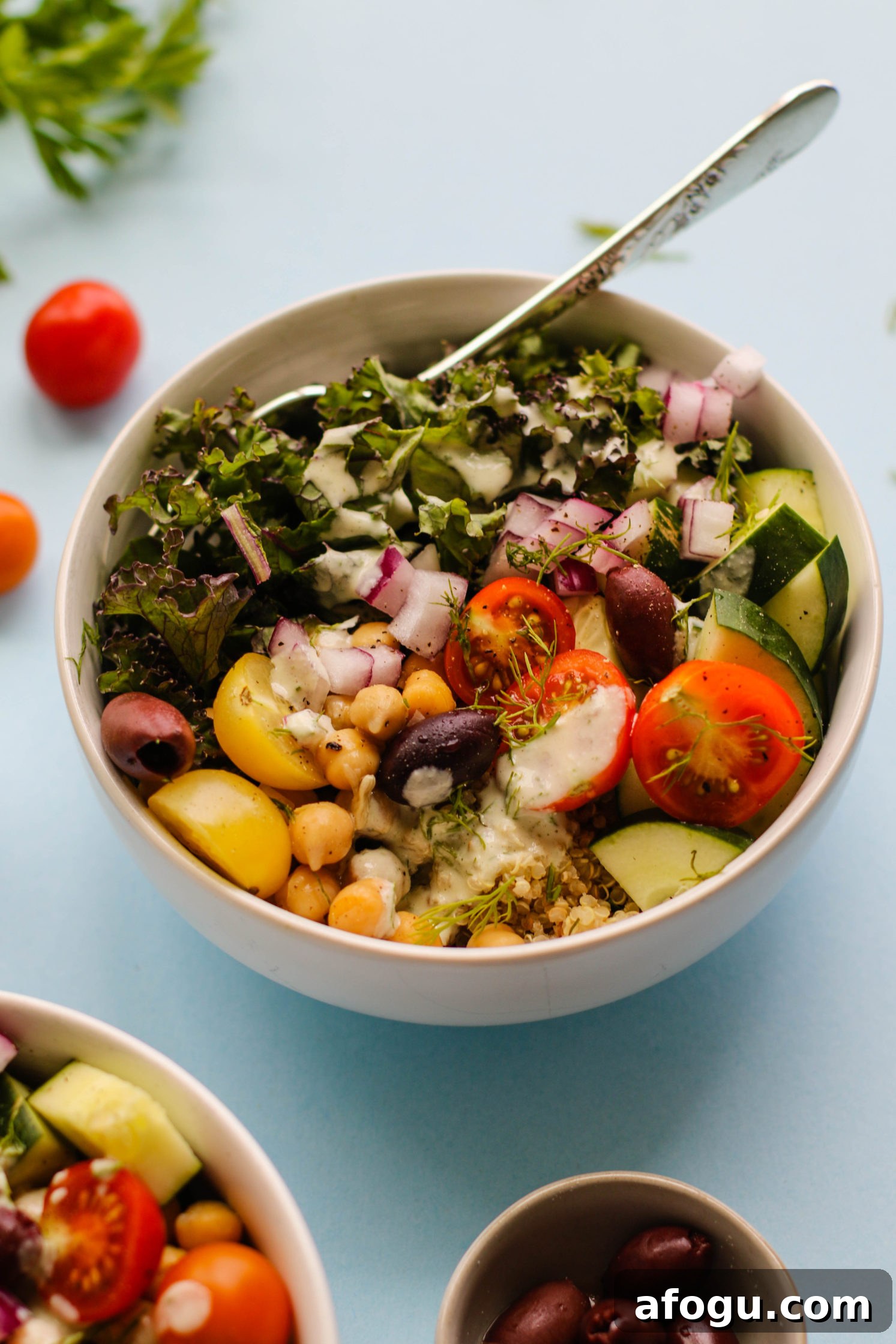 Greek Power Bowls with Cucumber Yogurt Tzatziki Sauce by Flora & Vino