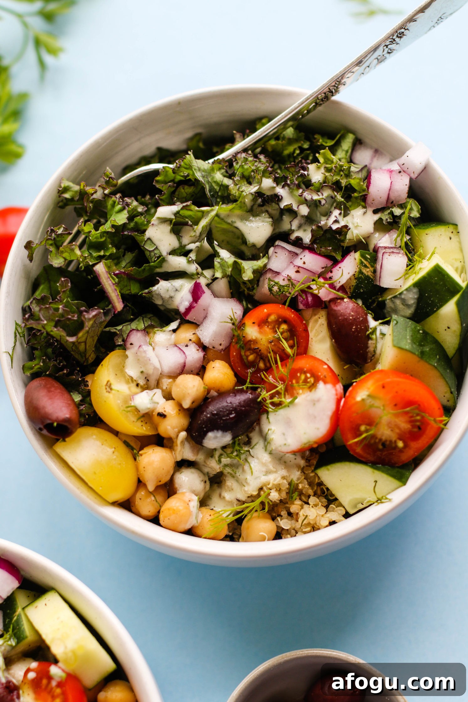 Greek Power Bowls with Cucumber Yogurt Tzatziki Sauce by Flora & Vino