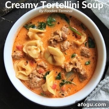Instant Pot creamy tortellini soup in a white soup bowl