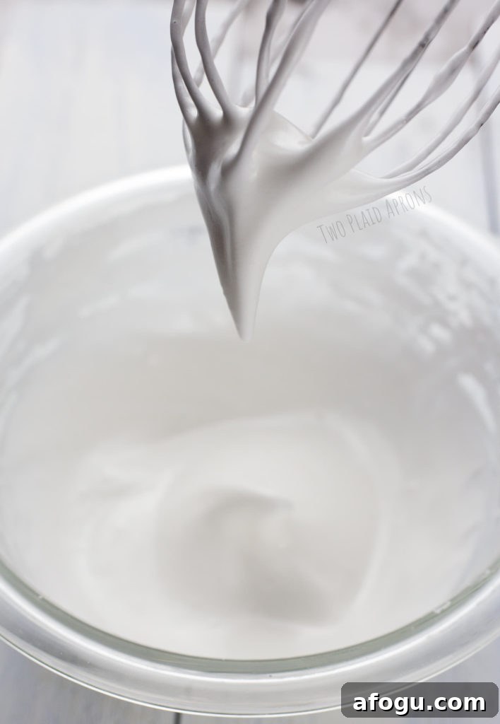 Whip aquafaba liquid and sugar until a thick peak forms.