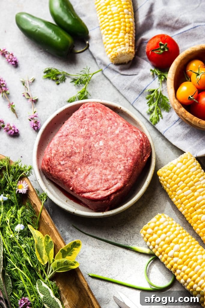 Skillet Ground Beef with Sweet Corn and Bell Peppers 3 Ingredients for beef and corn skillet on the table