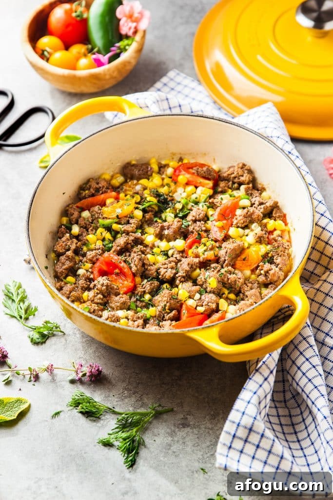 Skillet Ground Beef with Sweet Corn and Bell Peppers 8 Ground beef, corn and tomato skillet