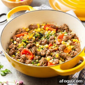 Skillet Ground Beef with Sweet Corn and Bell Peppers 9 easy ground beef recipe with few ingredients