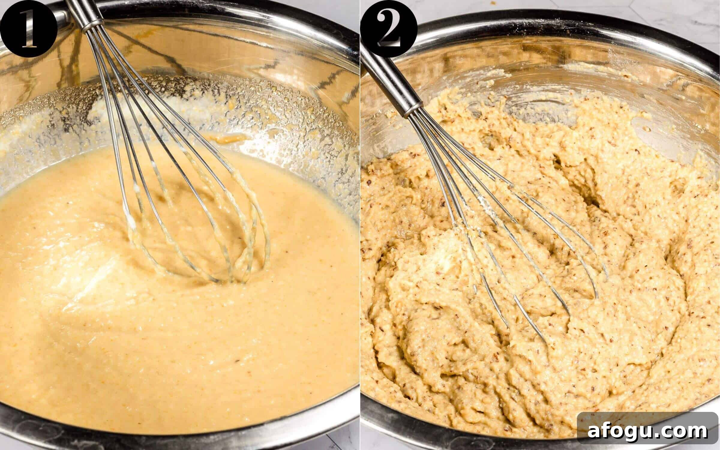 Peanut Butter cake process shots. Image 1: combined wet ingredients. Image 2: Cake batter.