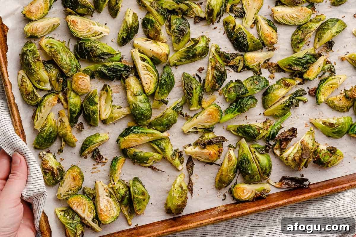 roasted brussels sprouts on baking sheet