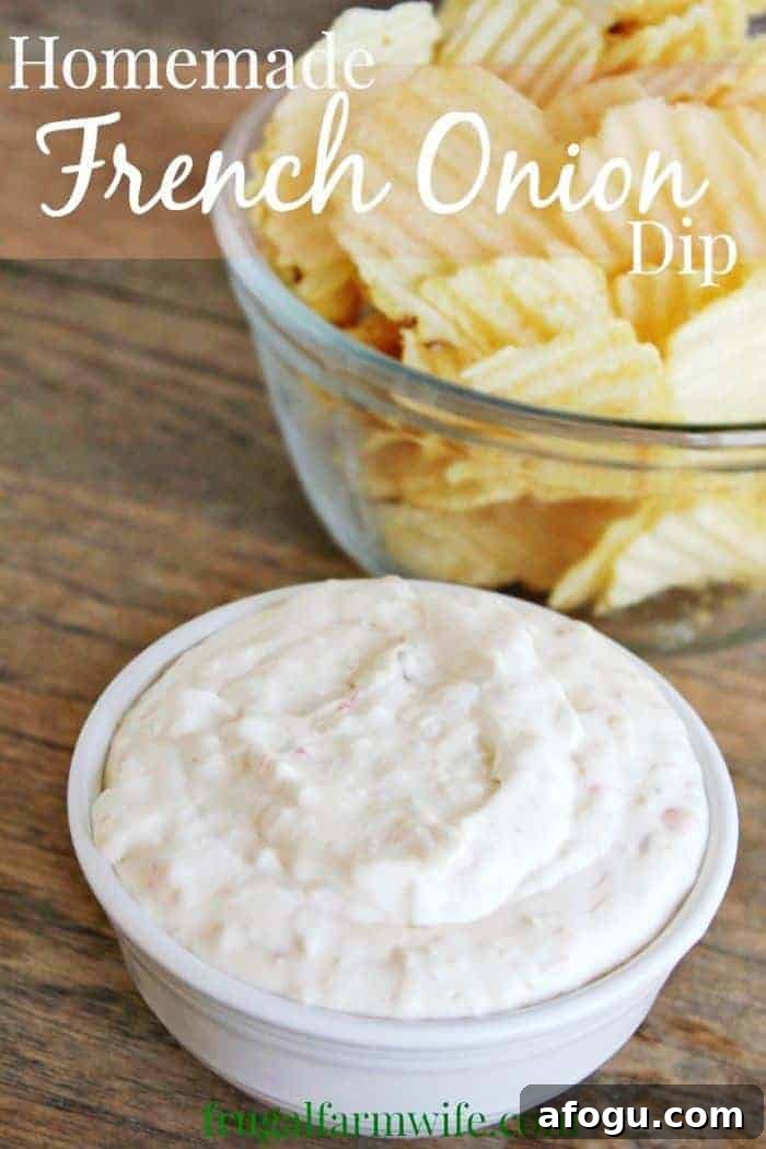 Photo shows a bowl of potato chips next to a bowl of dip with text reading 'Homemade French Onion Dip'