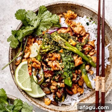 Turkey Mince Stir Fry in a bowl with rice and vegetables.
