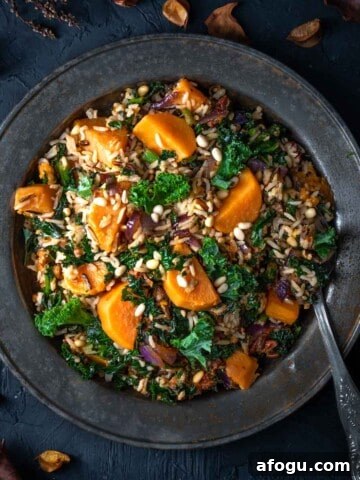 Sweet potato and kale salad in a metal bowl
