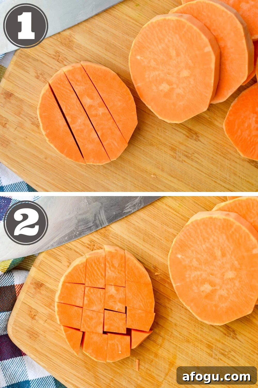 Crispy Air Fryer Sweet Potato Cubes Recipe 4 Cutting sweet potato into cubes.