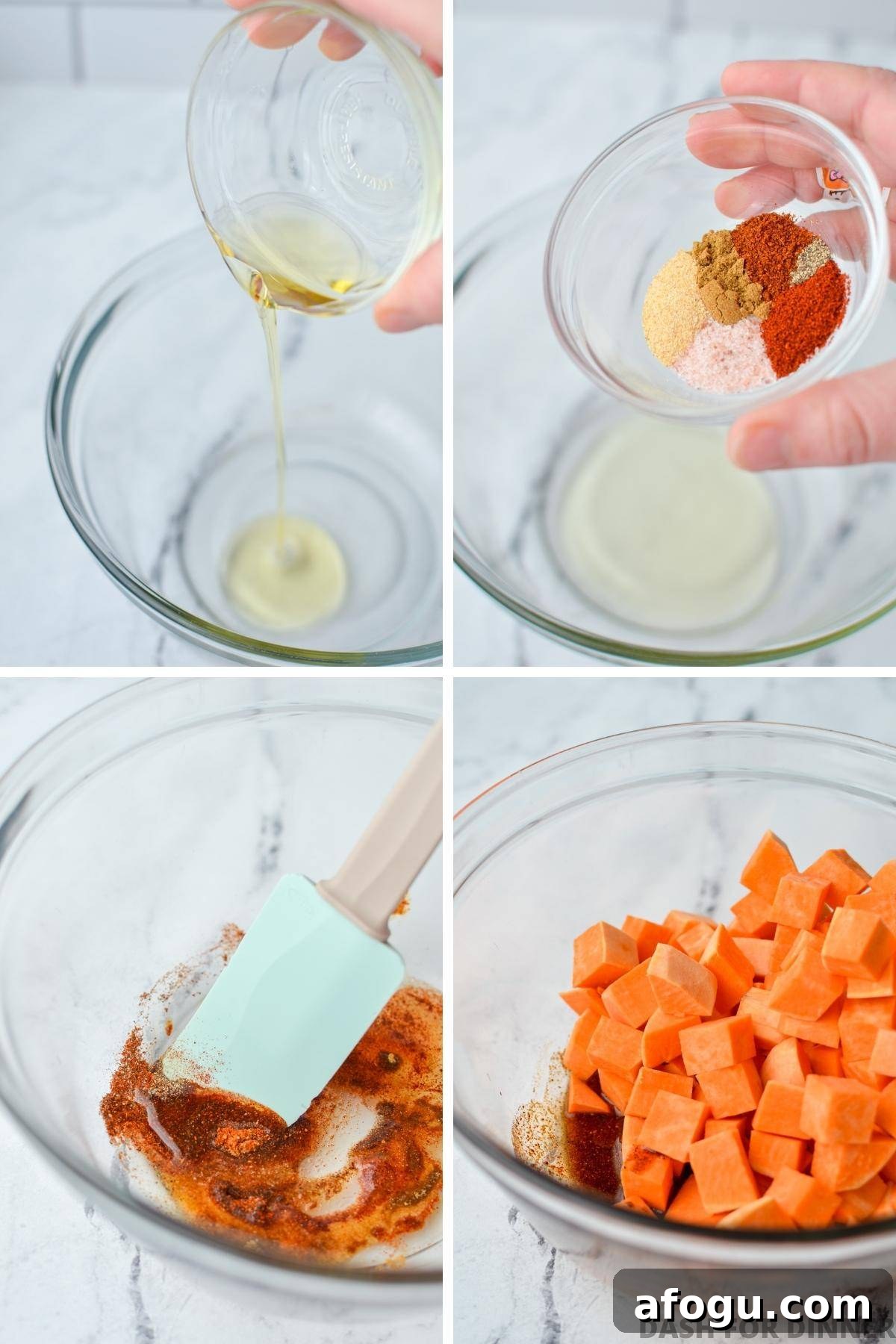 Crispy Air Fryer Sweet Potato Cubes Recipe 5 Adding oil and seasoning to a bowl.