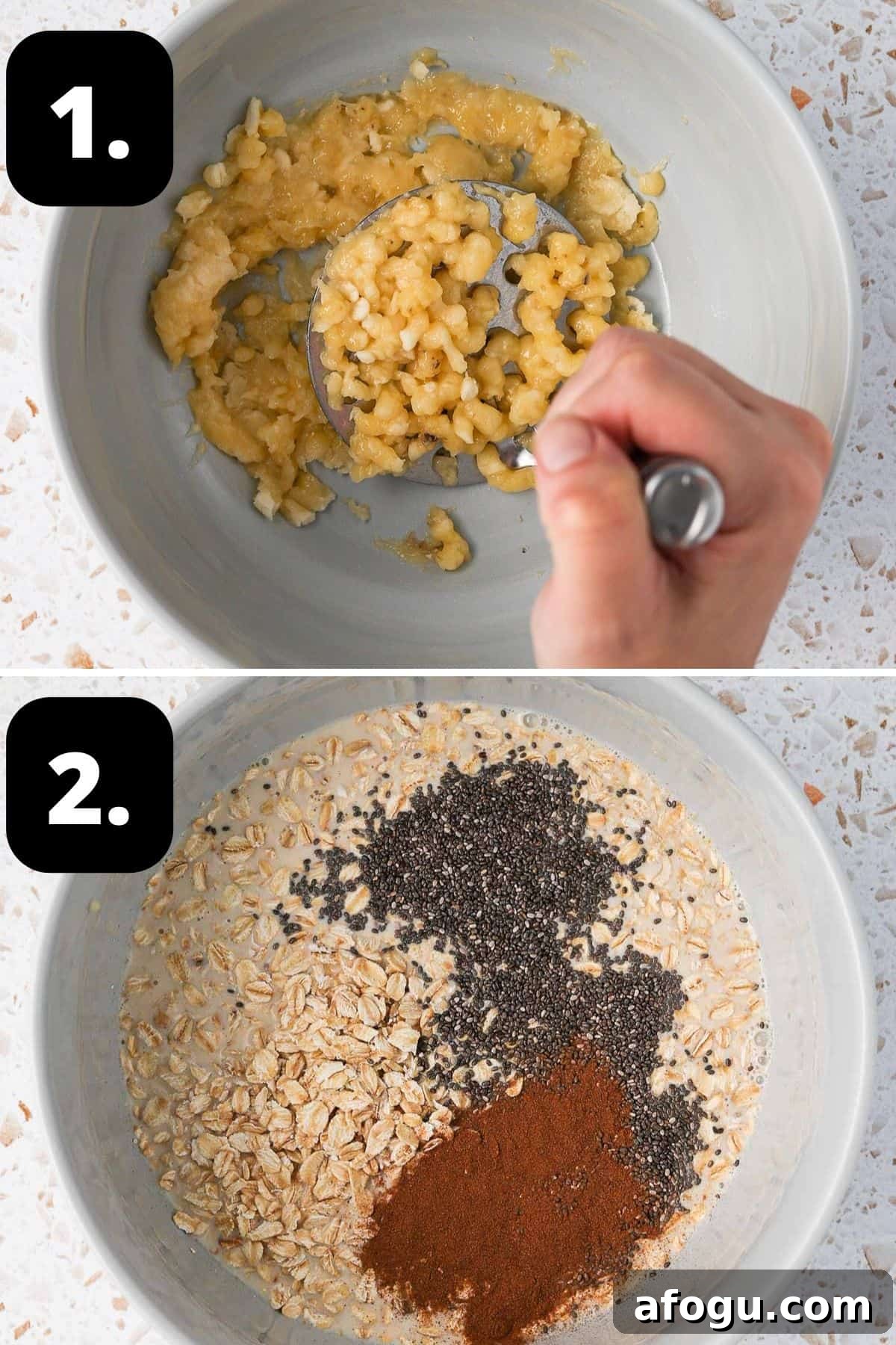 Steps 1-2 of preparing this recipe - mashing the banana in a bowl and adding the remaining ingredients to the banana.