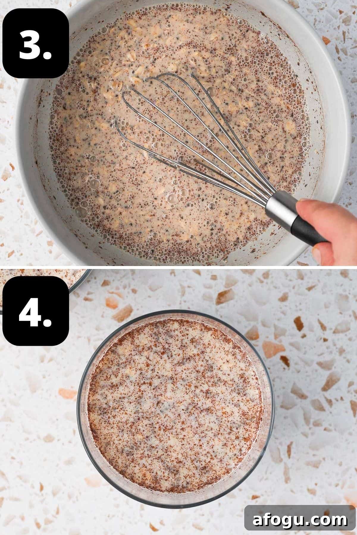 Steps 3-4 of preparing this recipe - whisking the ingredients together and adding them to a jar to be placed in the fridge.