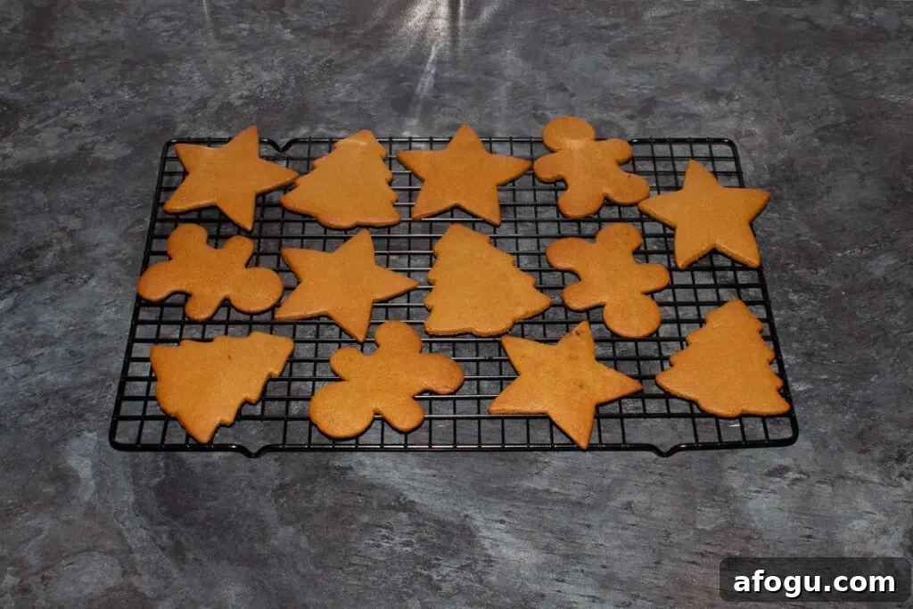 Classic Gingerbread Biscuit Recipe for Perfect Holiday Baking 16 gingerbread biscuits cooling on a rack on a kitchen worktop.