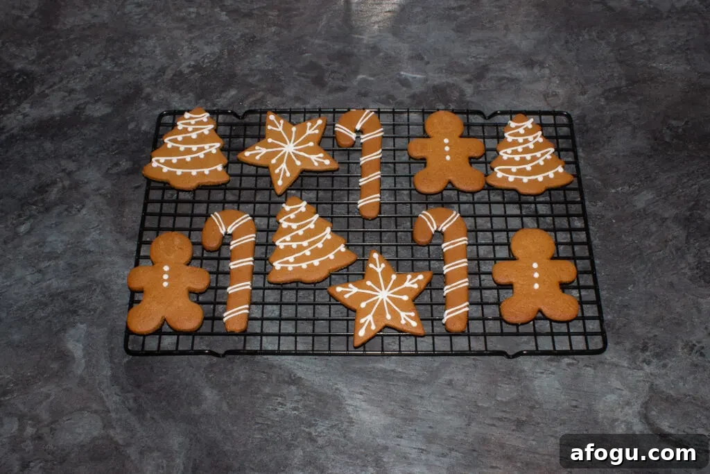Classic Gingerbread Biscuit Recipe for Perfect Holiday Baking 17 Decorated gingerbread biscuits on a cooling rack on a kitchen worktop.