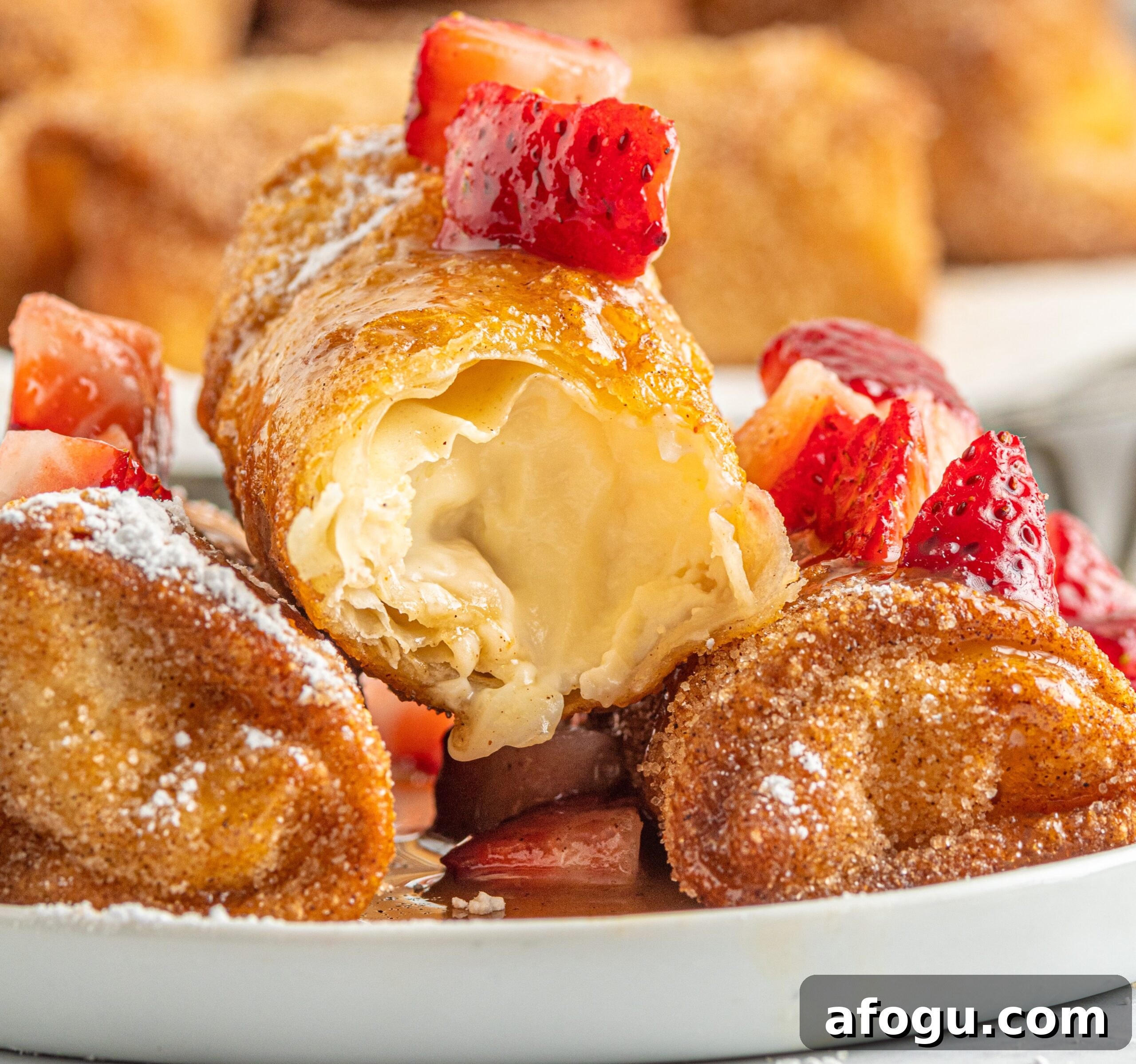 Cheesecake Eggrolls on a white plate cut open to show the filling then topped with sliced strawberries 
