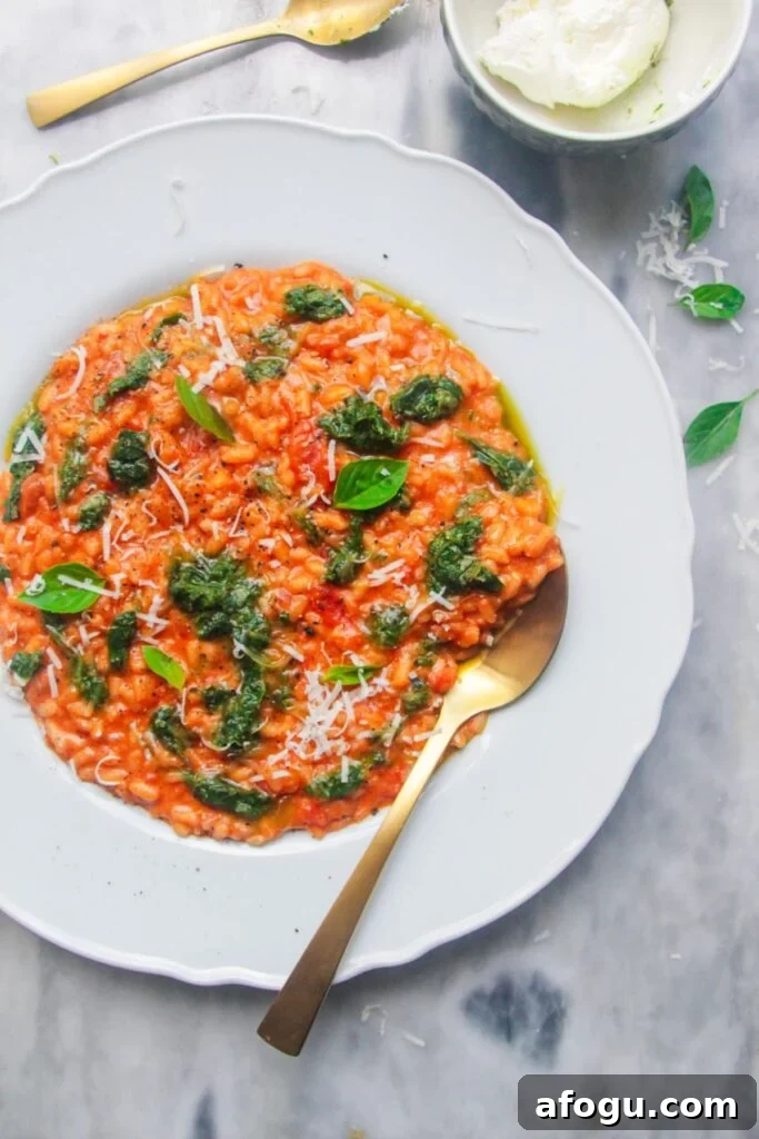 Tomato mascarpone risotto on a plate with a spoon.