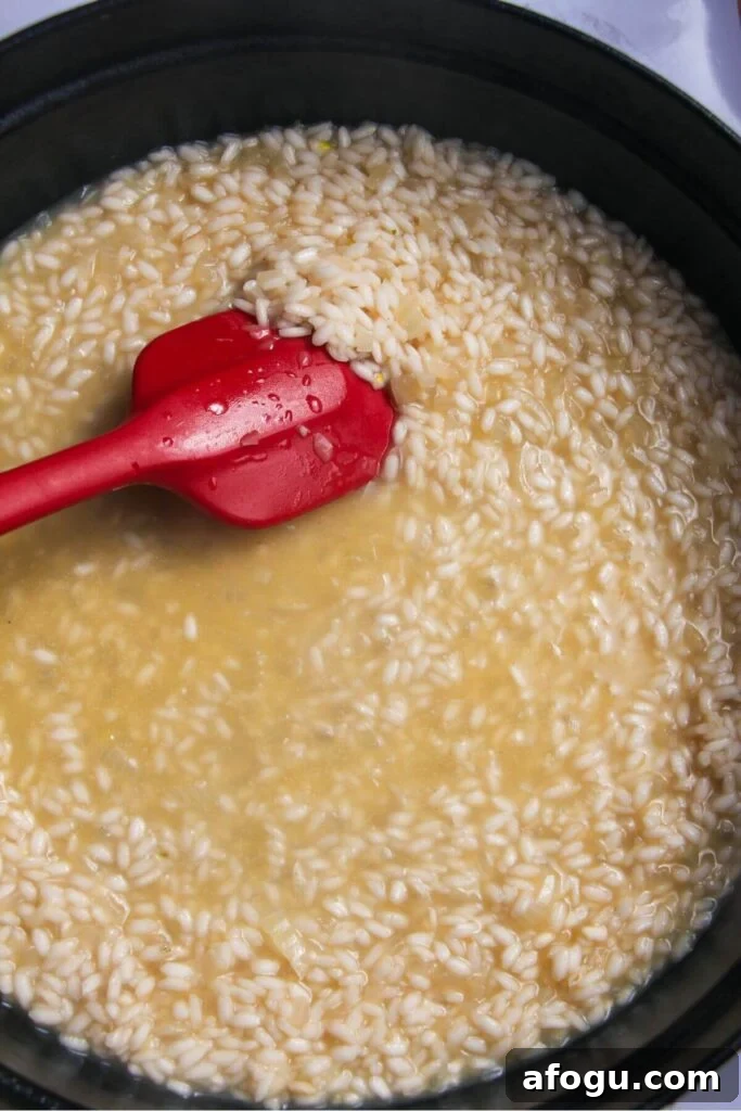Red spatula stirring stock into rice in a large black skillet.
