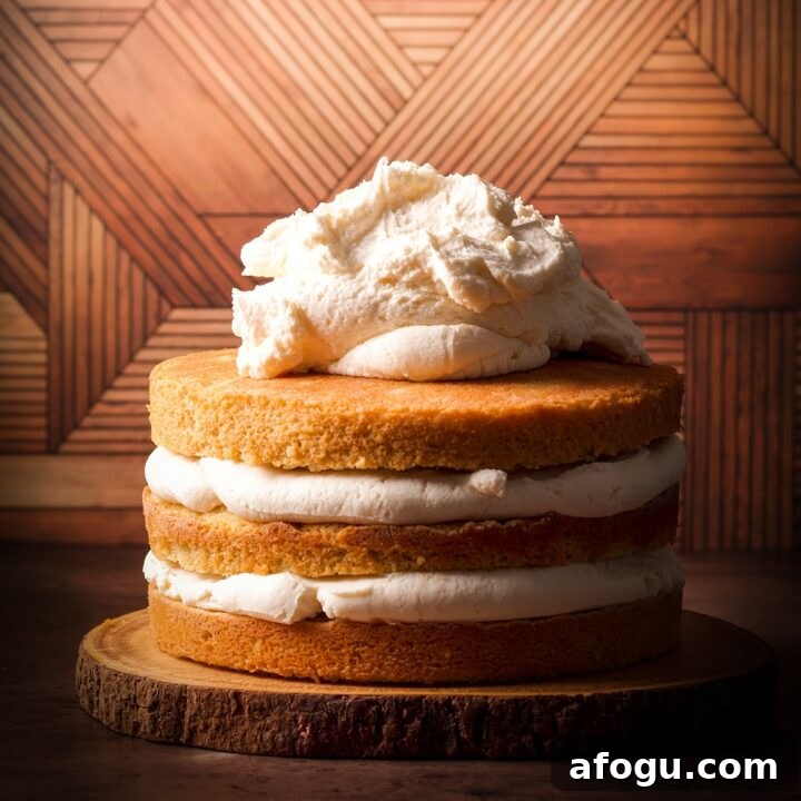Three layers of orange olive oil cake filled with mascarpone frosting.