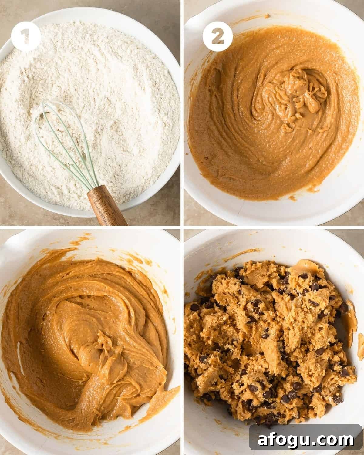 Chewy Peanut Butter Chocolate Chip Bars Recipe 5 Step-by-step images showing mixing and pressing dough into the pan.