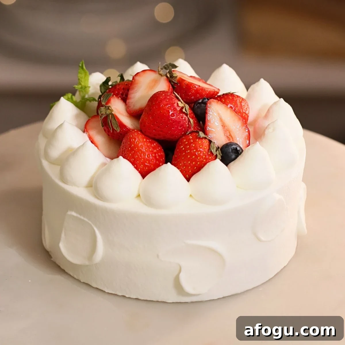 Japanese Strawberry Shortcake Recipe: Fluffy Shortcake with Fresh Strawberries 3 A fluffy 6-inch strawberry shortcake, decorated with fresh strawberries, blueberries, and mint.