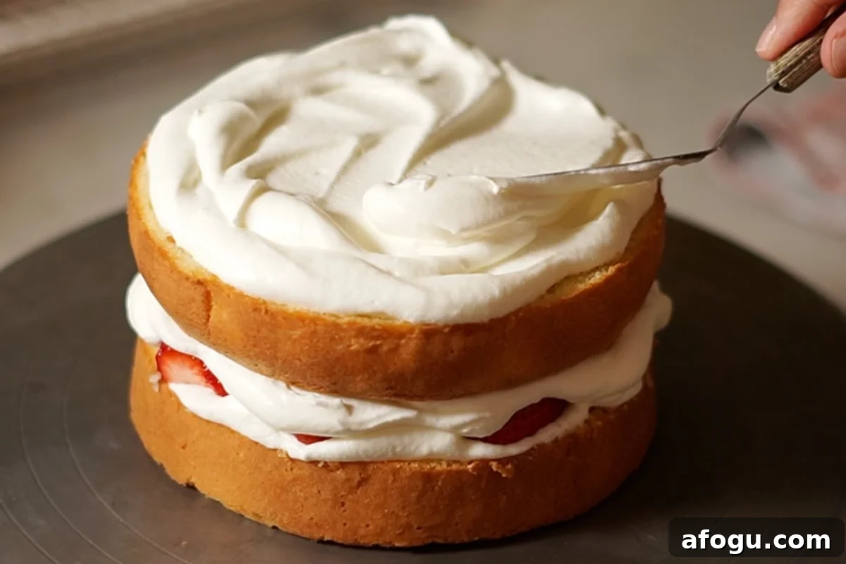 Japanese Strawberry Shortcake Recipe: Fluffy Shortcake with Fresh Strawberries 16 Frosting the top of the rustic style strawberry shortcake.