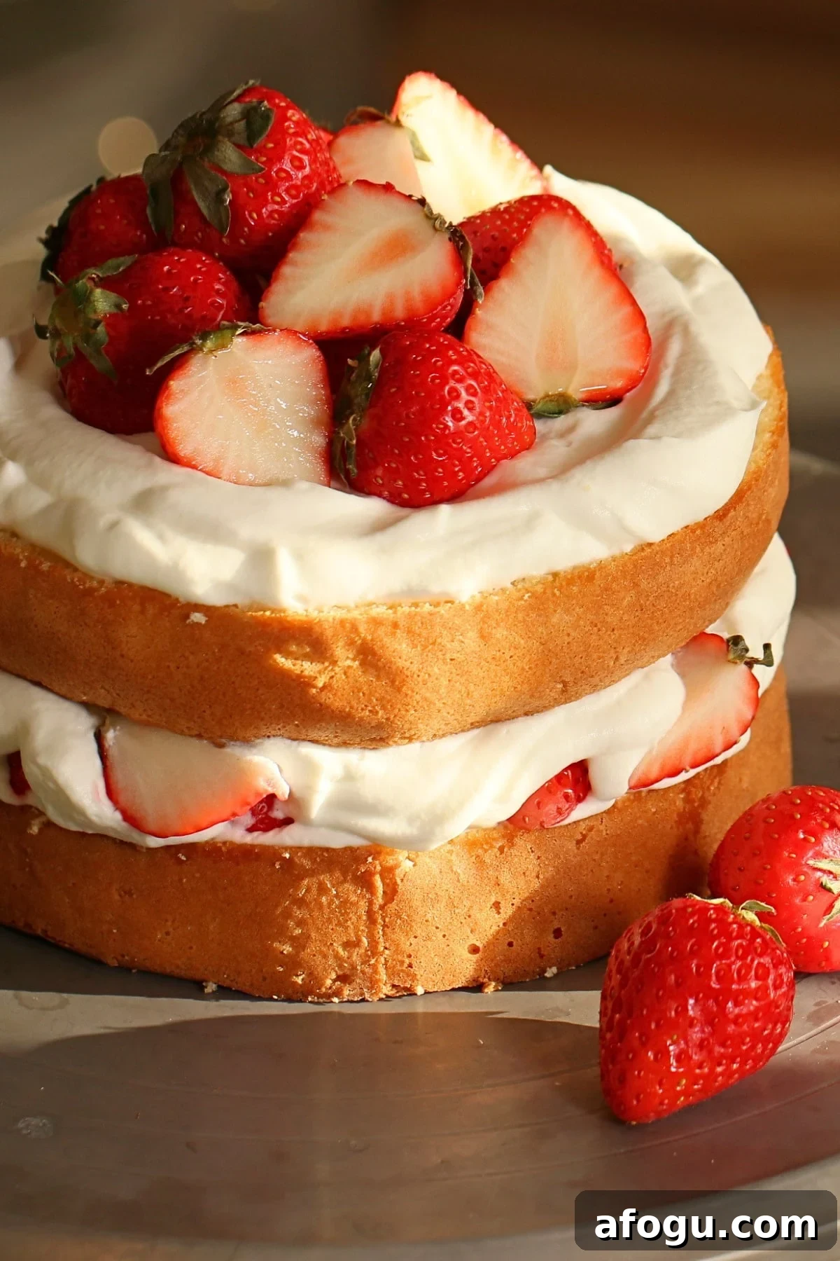 Japanese Strawberry Shortcake Recipe: Fluffy Shortcake with Fresh Strawberries 5 A naked-cake style fluffy strawberry shortcake on a turntable.