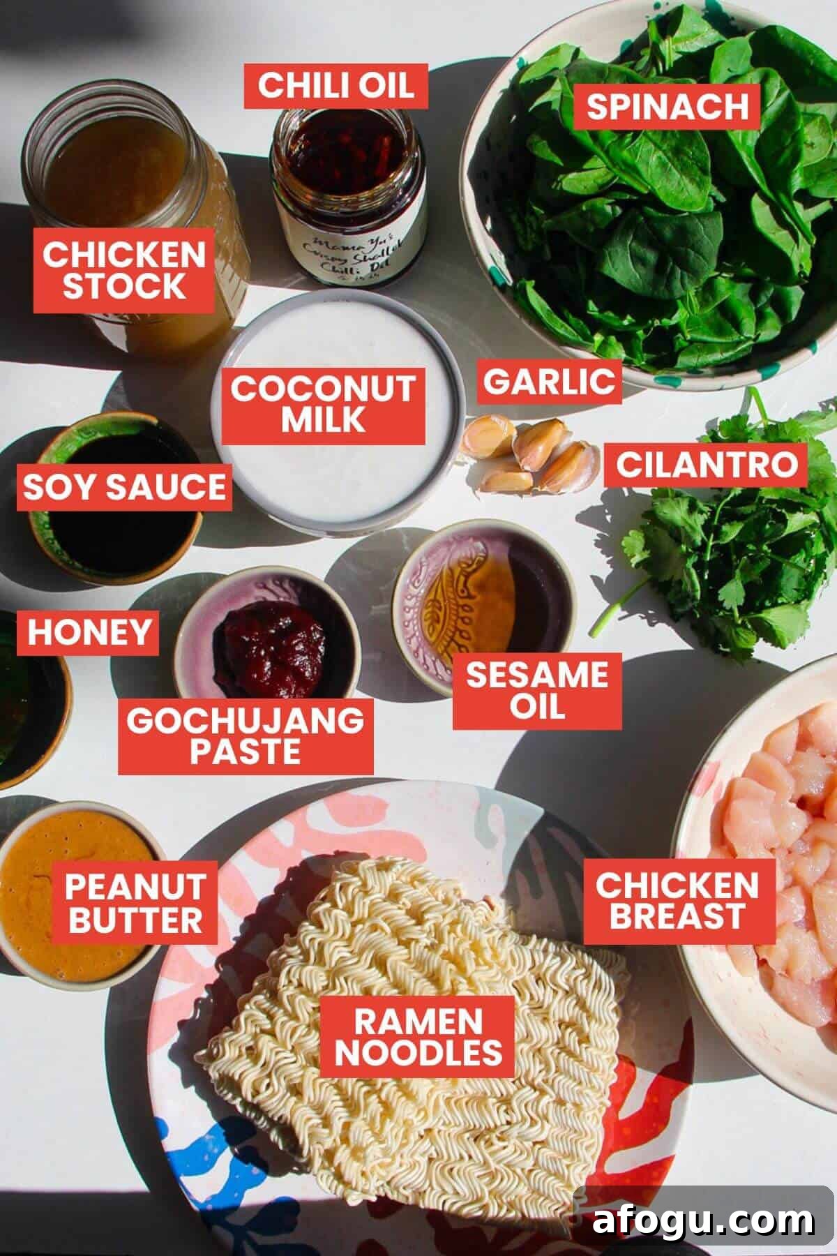 Ingredients for satay baked ramen laid out and labelled.